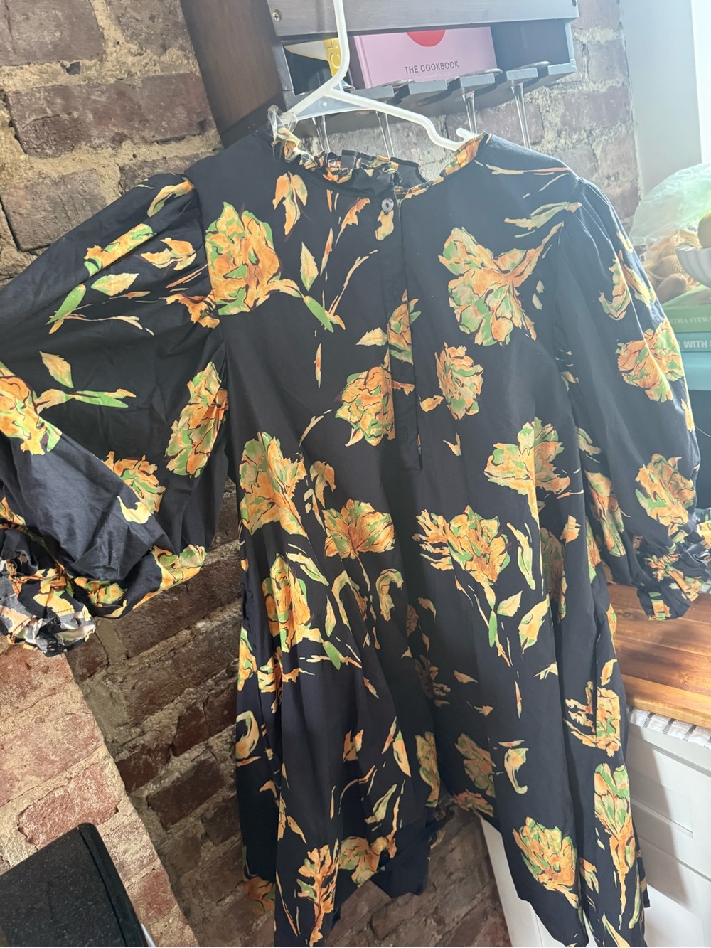 entro Black Floral Puff Dress with Orange and Green Blooms